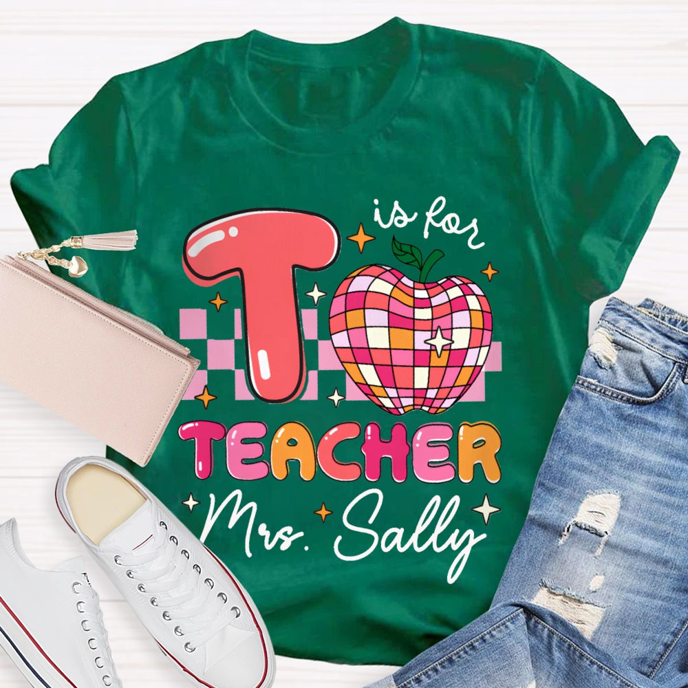 Personalized Name T Is For Teacher Colorful Checkered Apple T-shirt