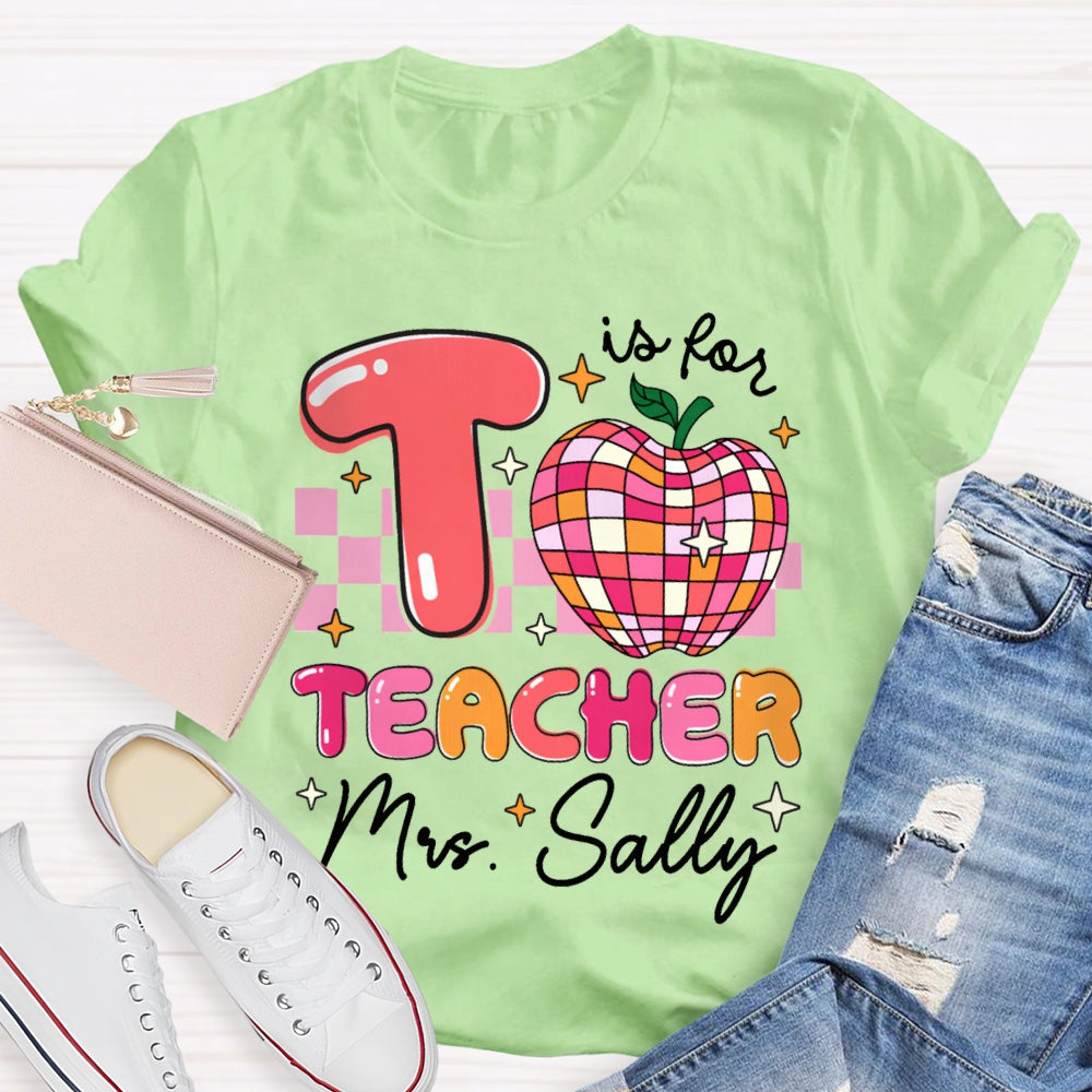 Personalized Name T Is For Teacher Colorful Checkered Apple T-shirt