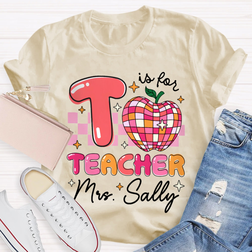 Personalized Name T Is For Teacher Colorful Checkered Apple T-shirt