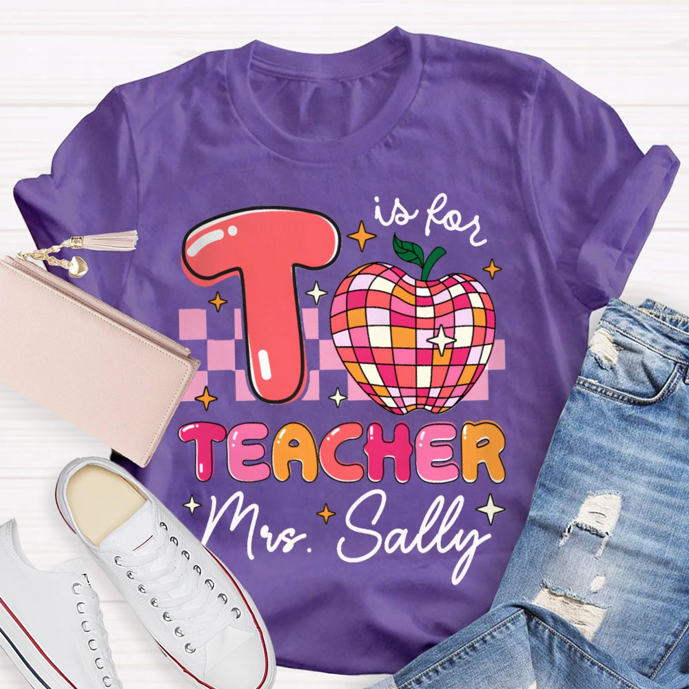 Personalized Name T Is For Teacher Colorful Checkered Apple T-shirt