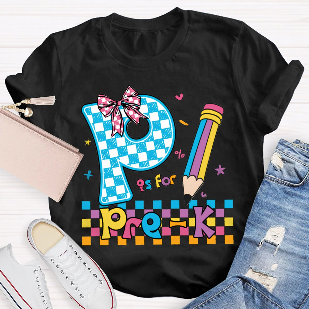 Personalized Grade P Is For Pre-K Colored Squares And Crayons T-shirt