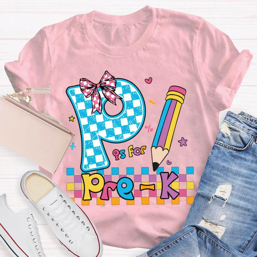 Personalized Grade P Is For Pre-K Colored Squares And Crayons T-shirt
