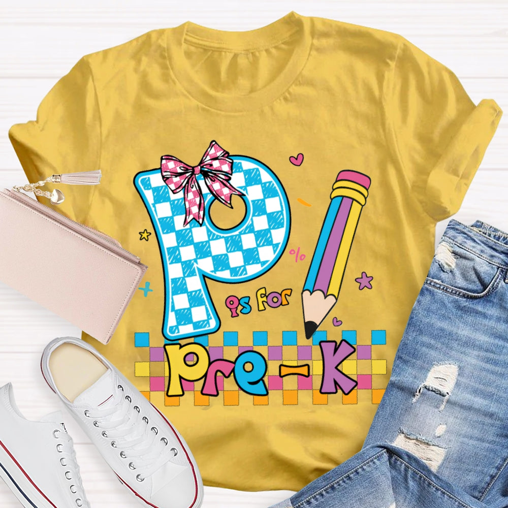 Personalized Grade P Is For Pre-K Colored Squares And Crayons T-shirt