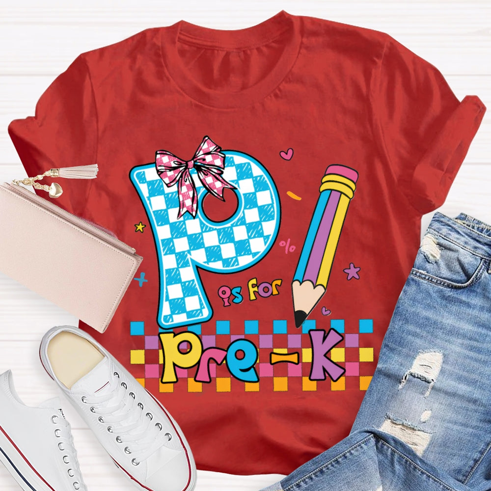Personalized Grade P Is For Pre-K Colored Squares And Crayons T-shirt