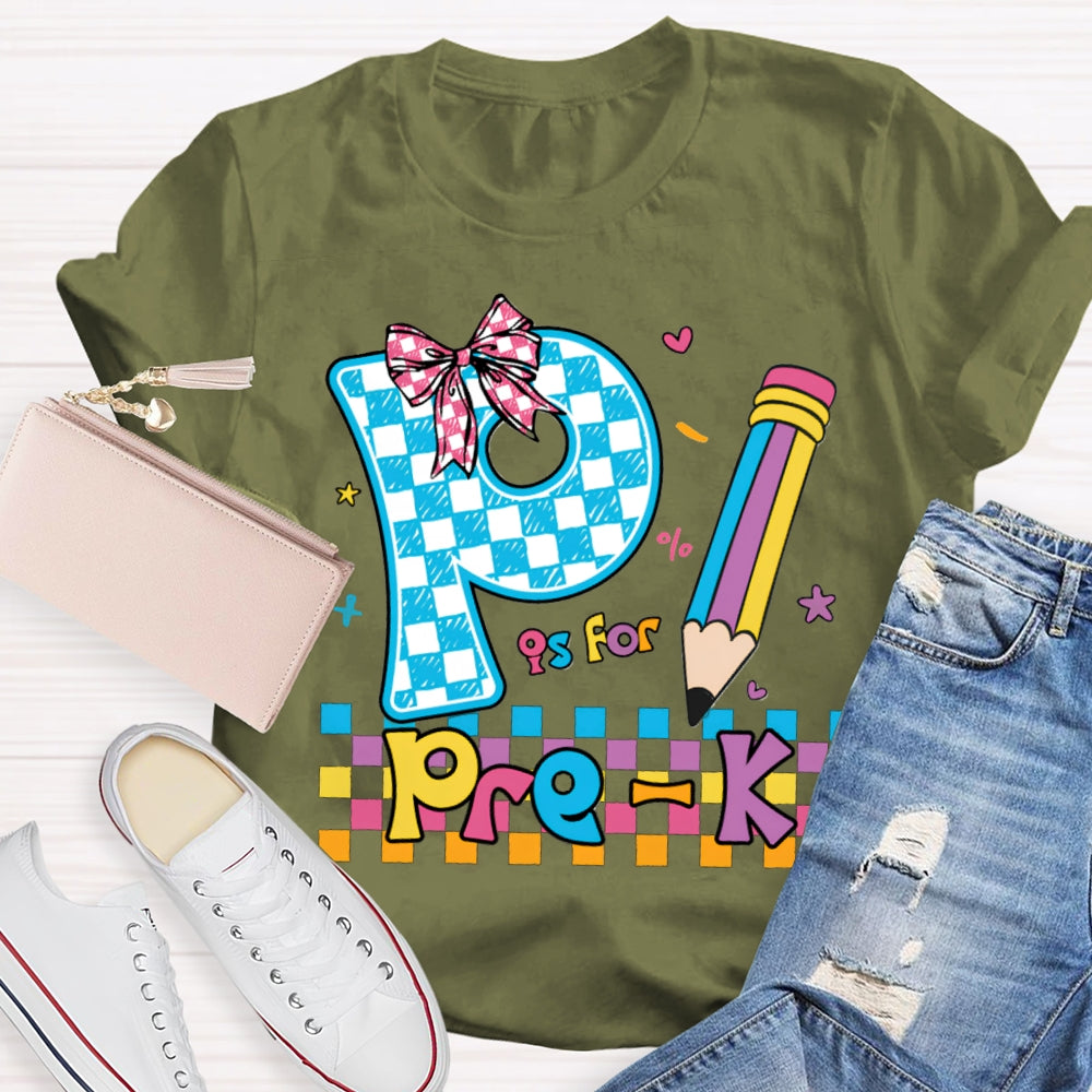 Personalized Grade P Is For Pre-K Colored Squares And Crayons T-shirt
