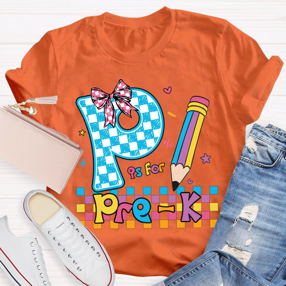 Personalized Grade P Is For Pre-K Colored Squares And Crayons T-shirt