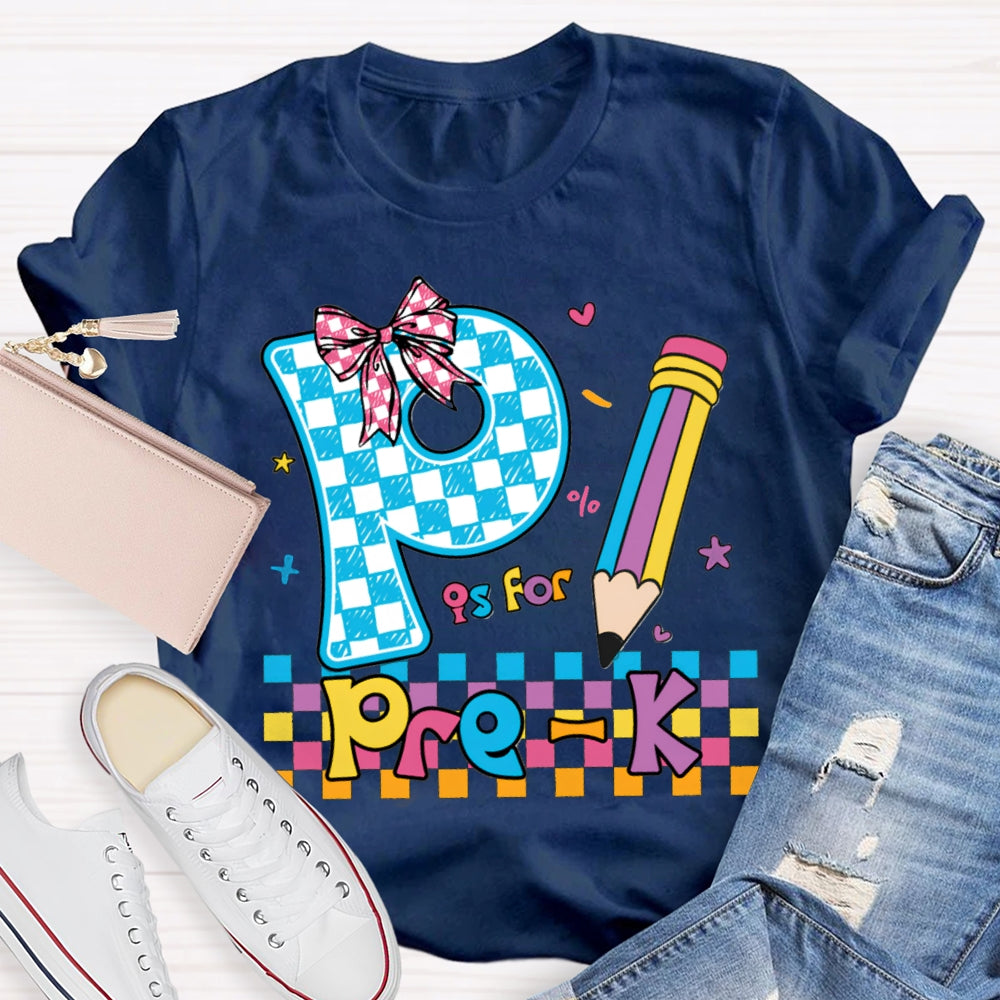 Personalized Grade P Is For Pre-K Colored Squares And Crayons T-shirt