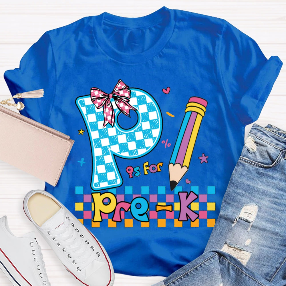 Personalized Grade P Is For Pre-K Colored Squares And Crayons T-shirt