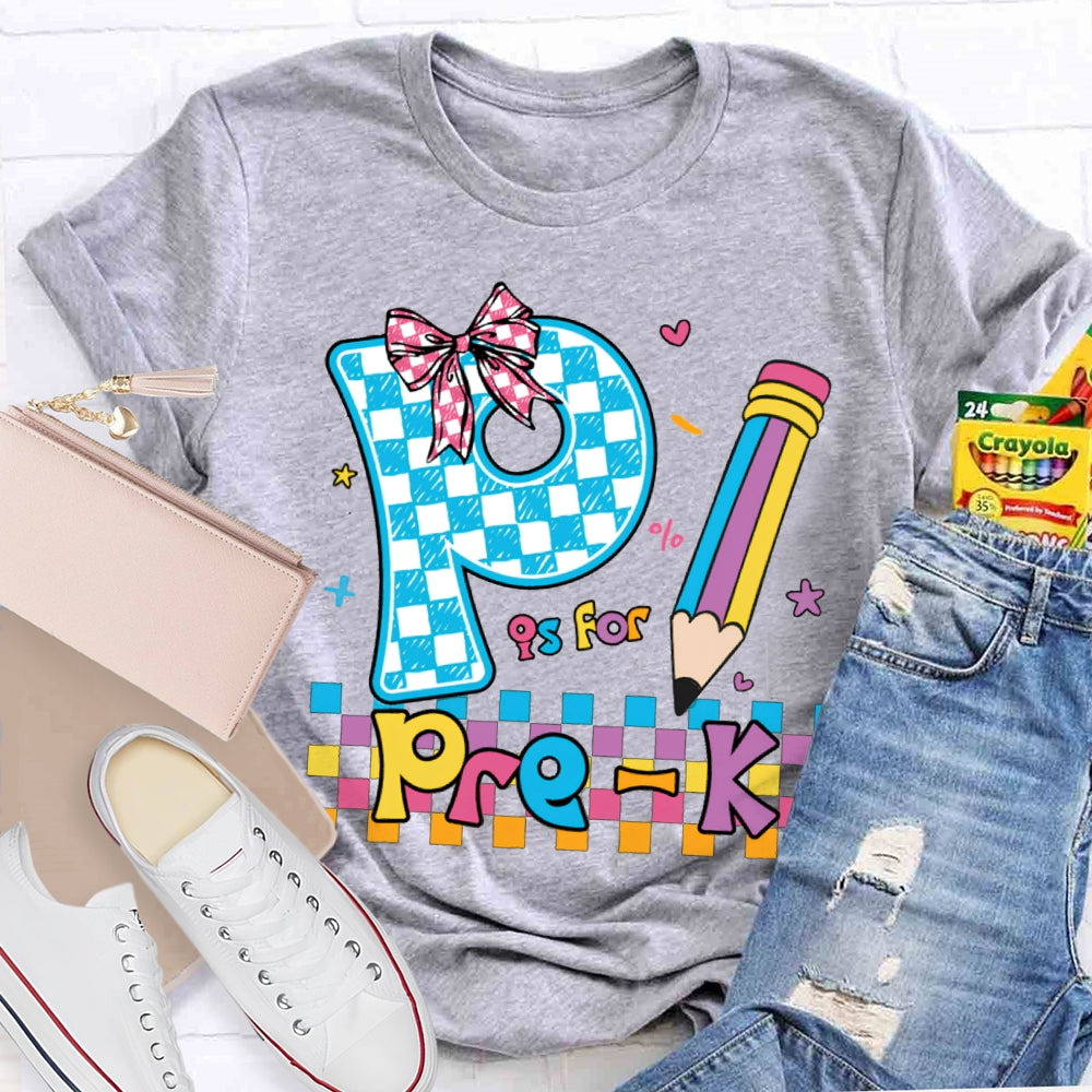 Personalized Grade P Is For Pre-K Colored Squares And Crayons T-shirt