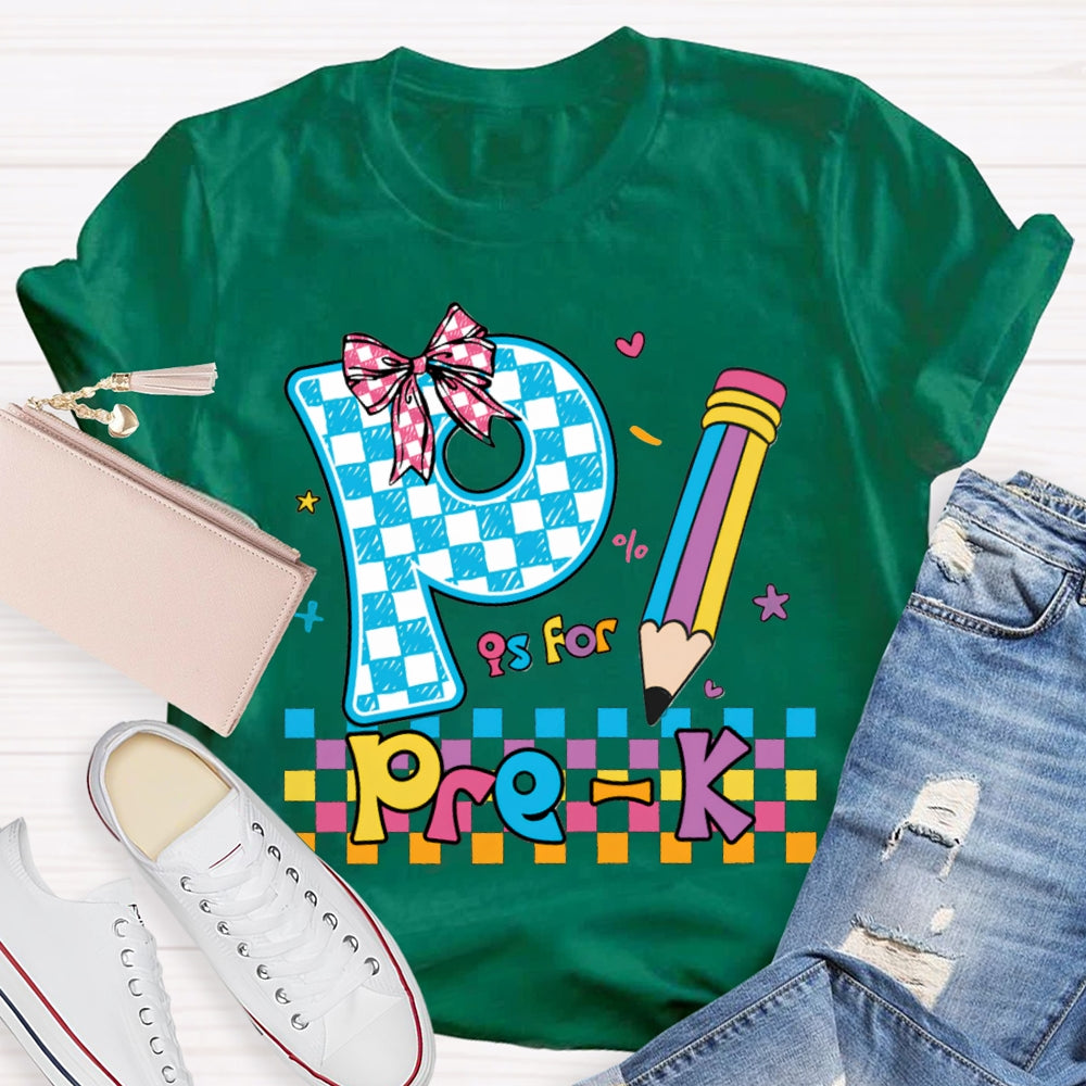 Personalized Grade P Is For Pre-K Colored Squares And Crayons T-shirt