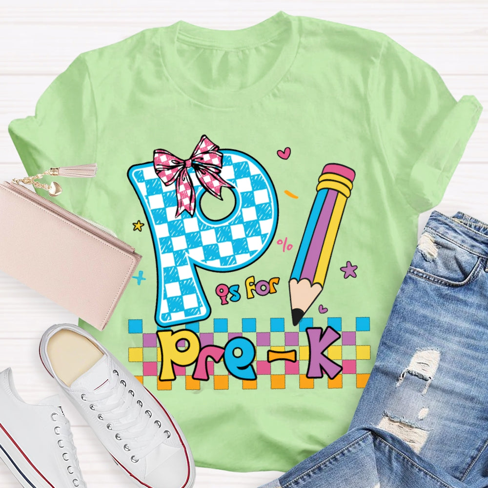 Personalized Grade P Is For Pre-K Colored Squares And Crayons T-shirt