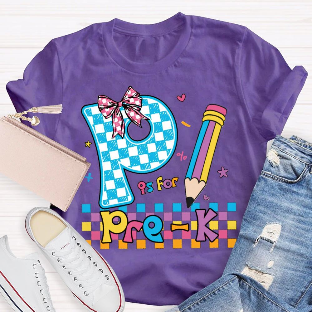 Personalized Grade P Is For Pre-K Colored Squares And Crayons T-shirt