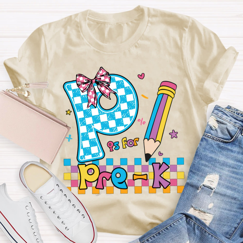 Personalized Grade P Is For Pre-K Colored Squares And Crayons T-shirt