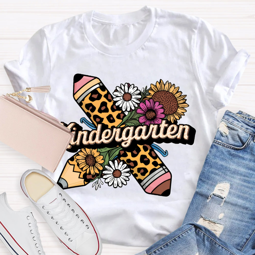 Personalized Grade Kindergarten Leopard Pencils And Sunflowers T-shirt