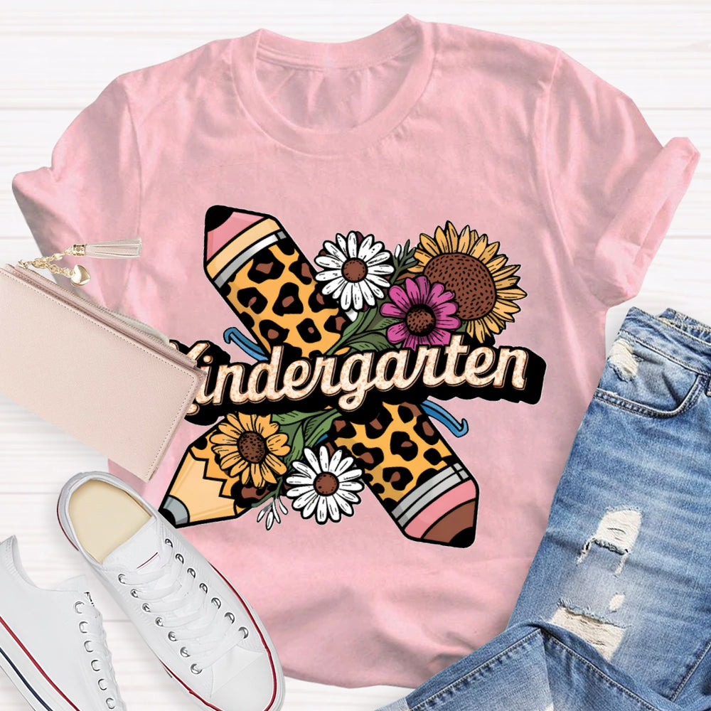 Personalized Grade Kindergarten Leopard Pencils And Sunflowers T-shirt
