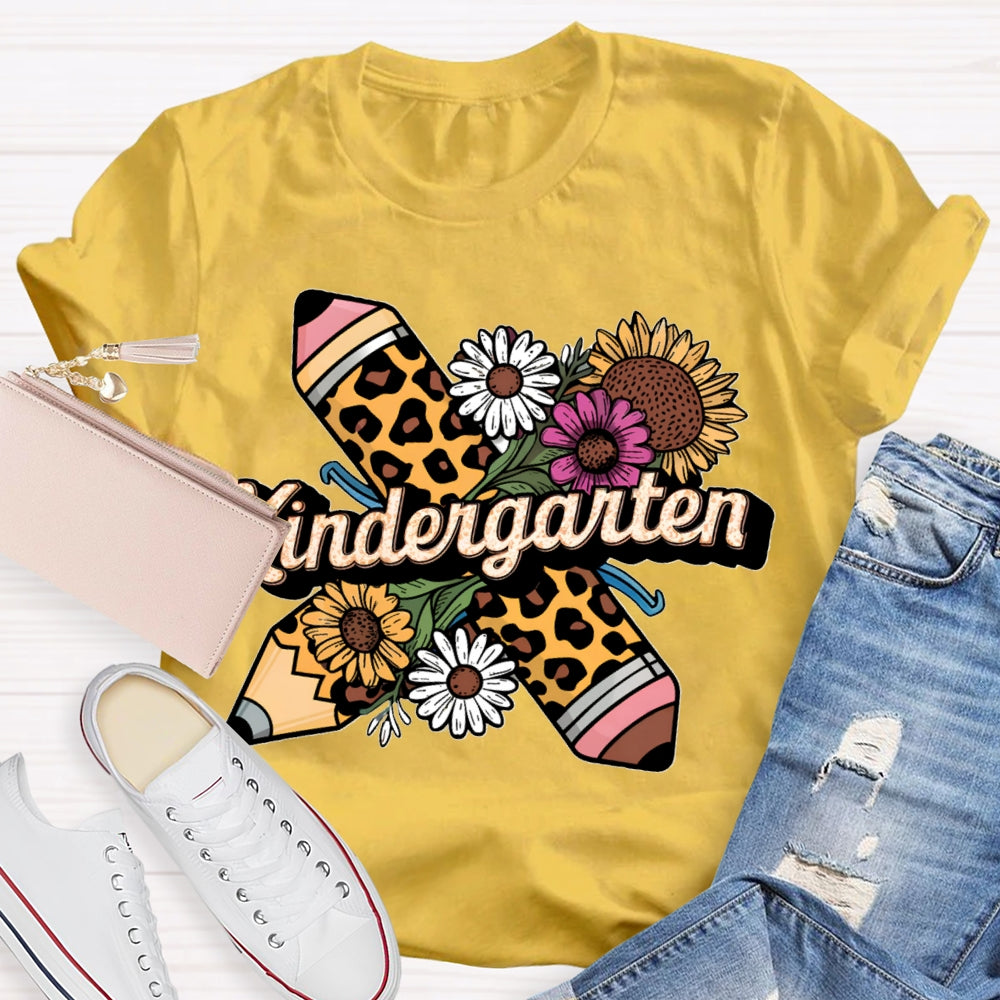 Personalized Grade Kindergarten Leopard Pencils And Sunflowers T-shirt
