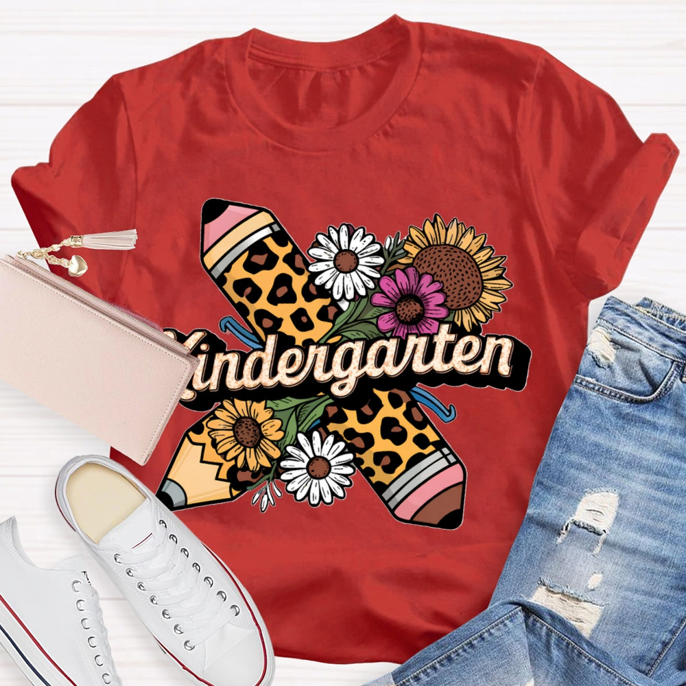 Personalized Grade Kindergarten Leopard Pencils And Sunflowers T-shirt
