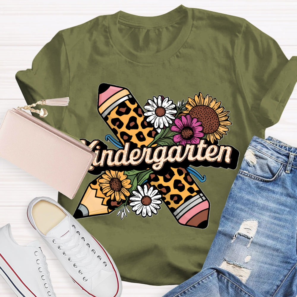 Personalized Grade Kindergarten Leopard Pencils And Sunflowers T-shirt