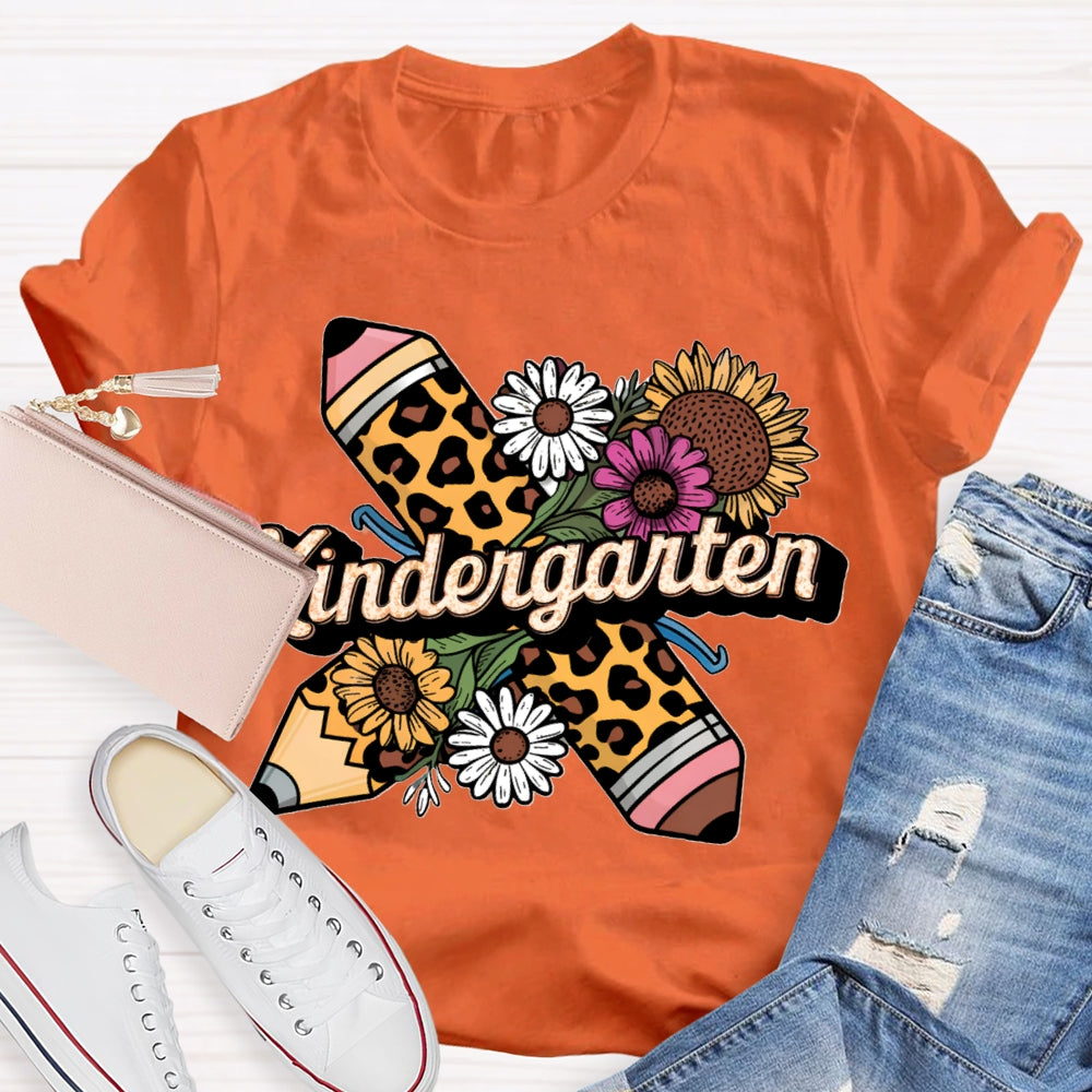 Personalized Grade Kindergarten Leopard Pencils And Sunflowers T-shirt