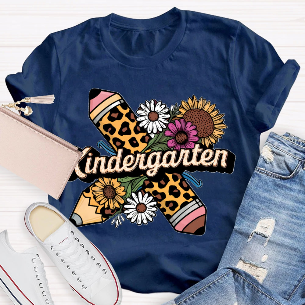 Personalized Grade Kindergarten Leopard Pencils And Sunflowers T-shirt