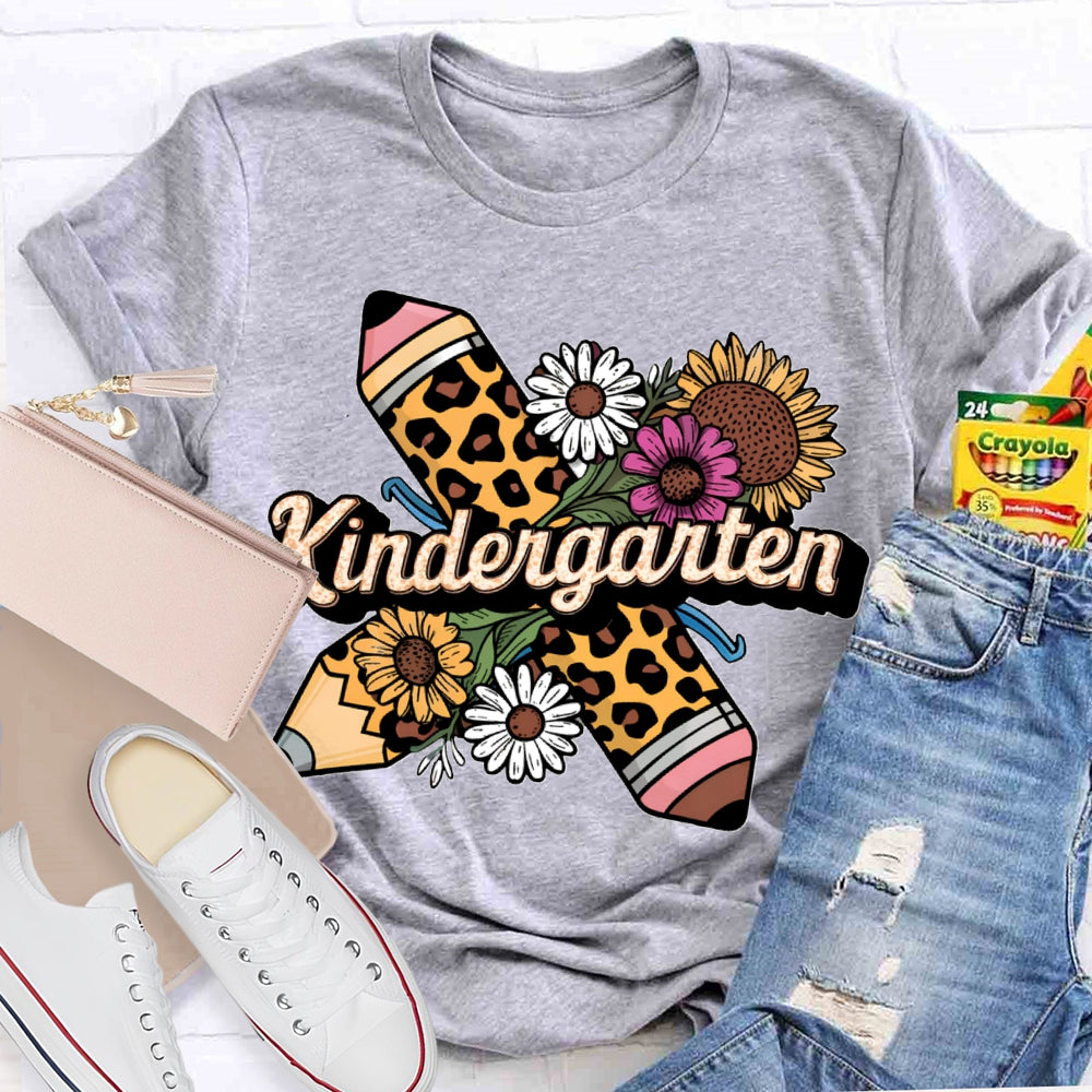 Personalized Grade Kindergarten Leopard Pencils And Sunflowers T-shirt