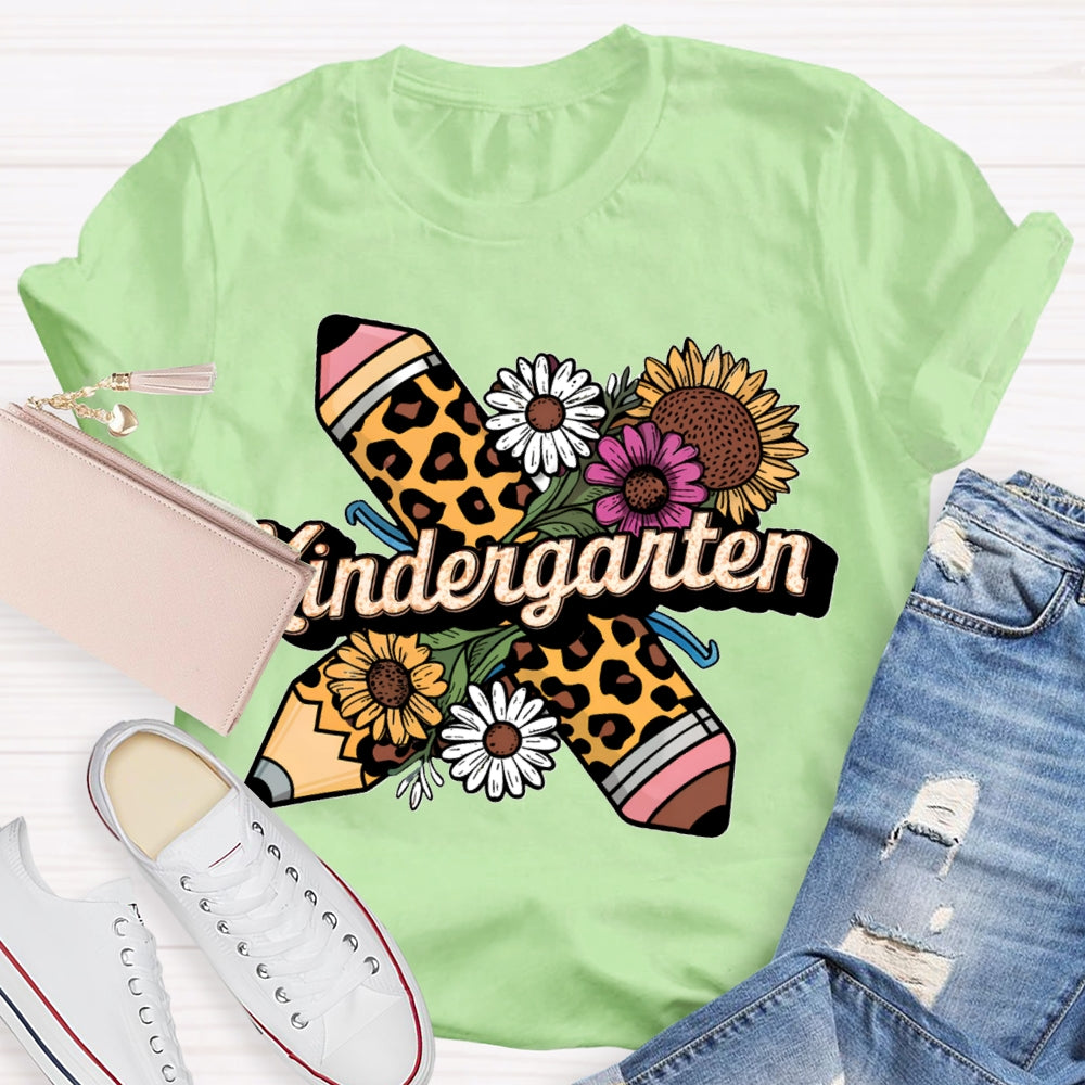 Personalized Grade Kindergarten Leopard Pencils And Sunflowers T-shirt