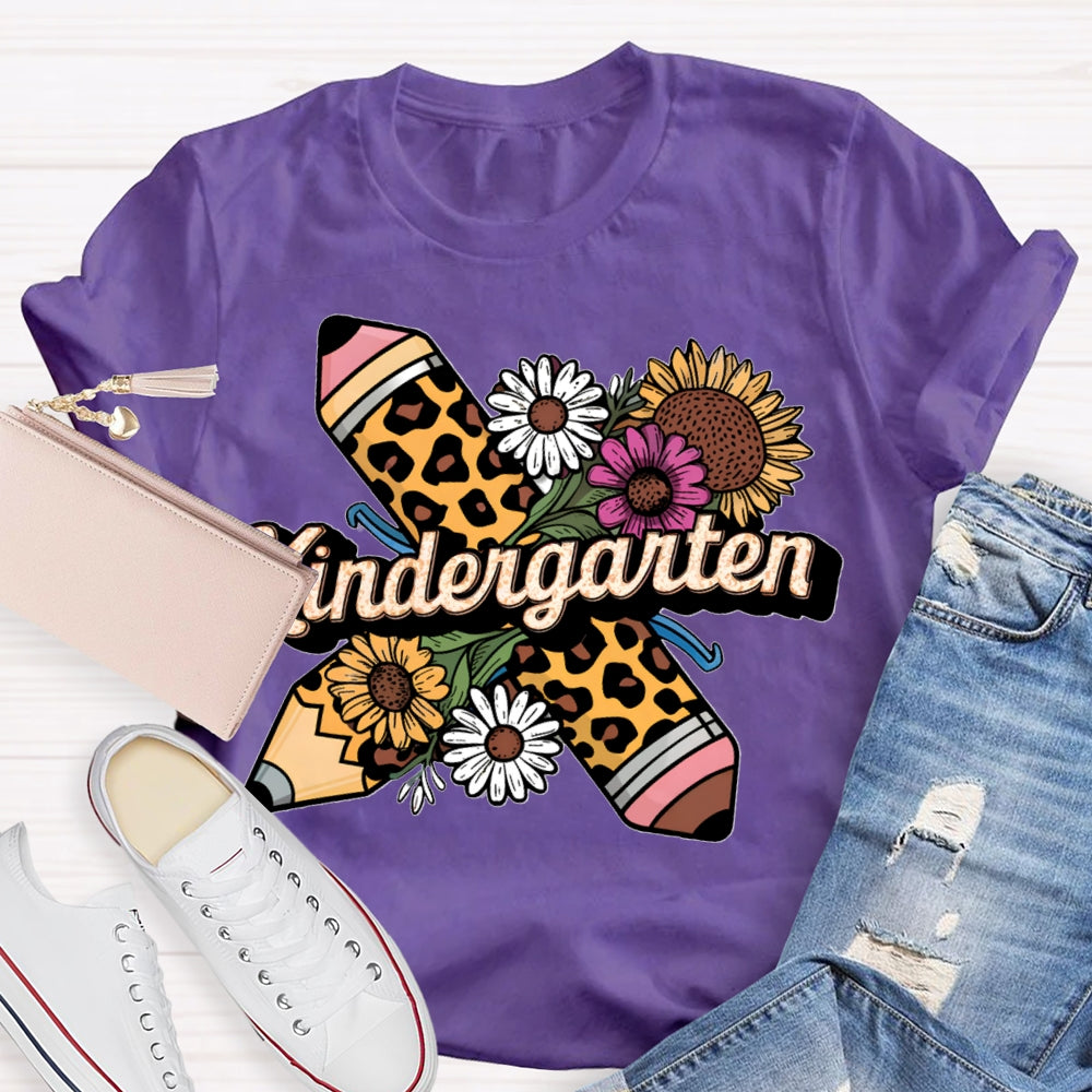Personalized Grade Kindergarten Leopard Pencils And Sunflowers T-shirt