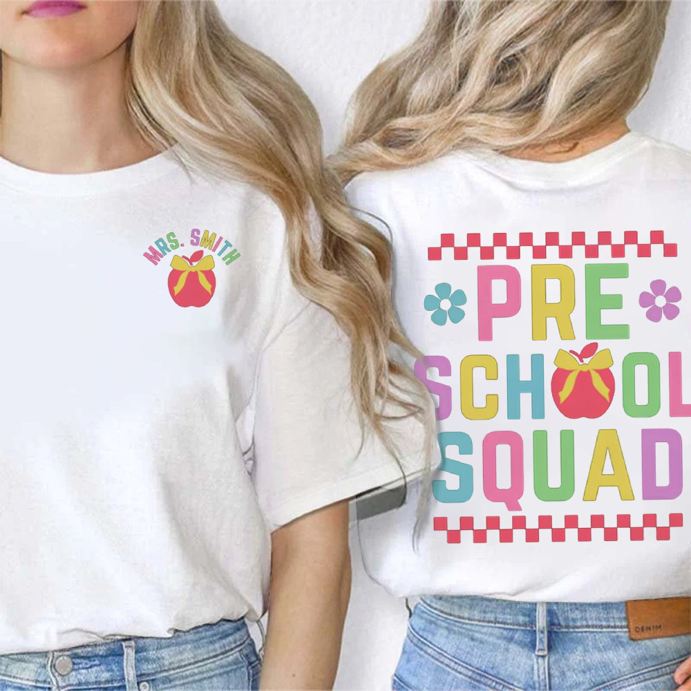 Personalized Name Pre-K School Squad Small Squares And Apples Double Printed T-shirt