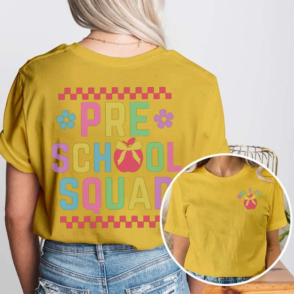 Personalized Name Pre-K School Squad Small Squares And Apples Double Printed T-shirt