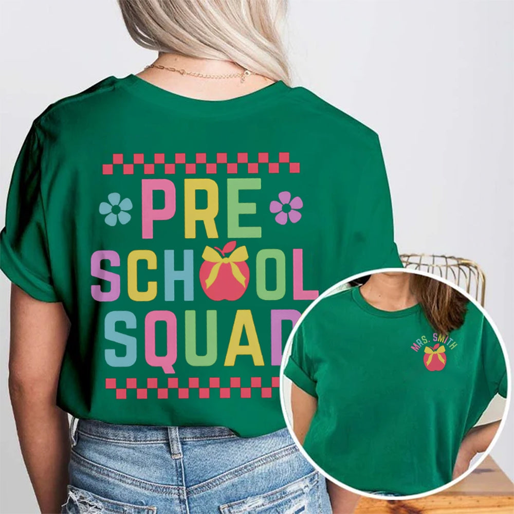 Personalized Name Pre-K School Squad Small Squares And Apples Double Printed T-shirt