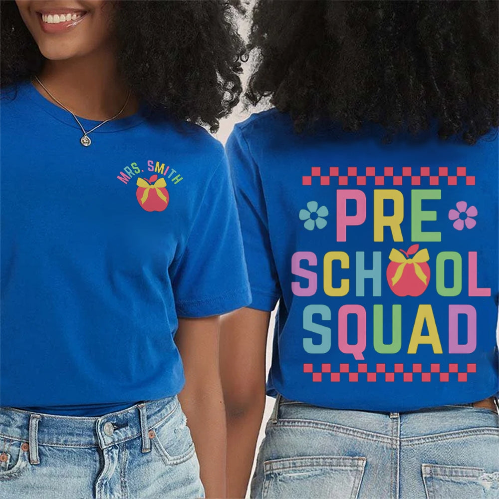 Personalized Name Pre-K School Squad Small Squares And Apples Double Printed T-shirt