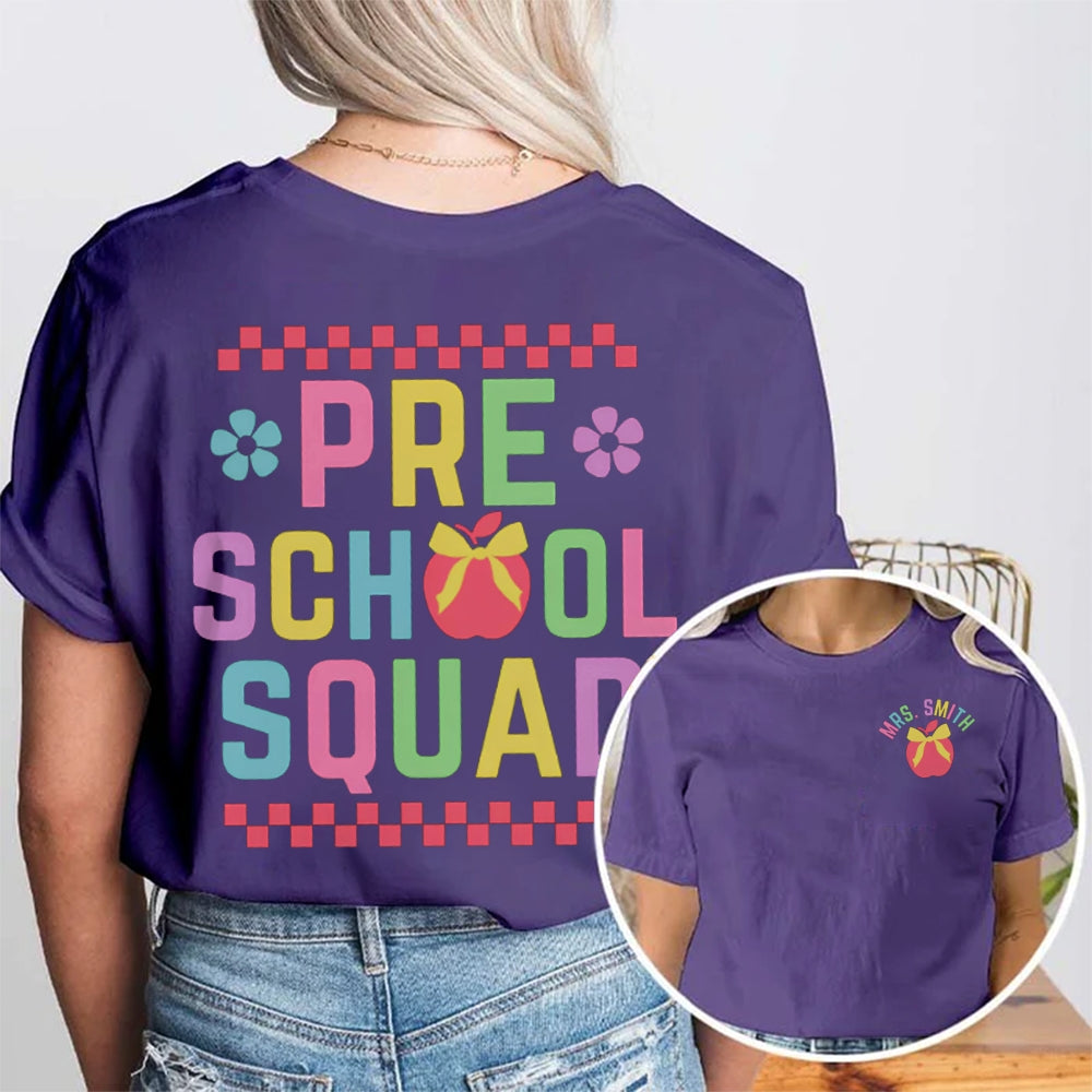 Personalized Name Pre-K School Squad Small Squares And Apples Double Printed T-shirt