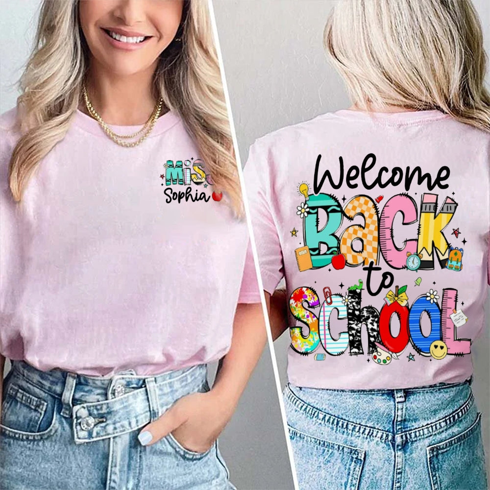 Personalized Name Welocme Back To School Colorful Letters Double Printed T-shirt
