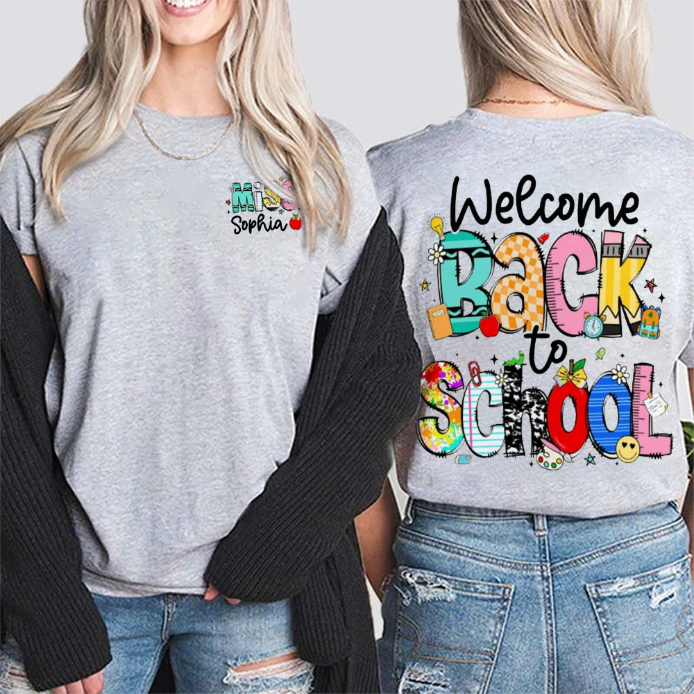 Personalized Name Welocme Back To School Colorful Letters Double Printed T-shirt