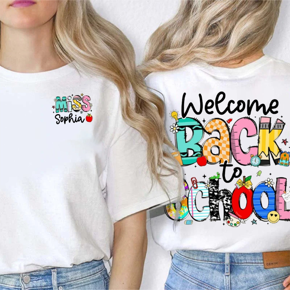 Personalized Name Welocme Back To School Colorful Letters Double Printed T-shirt