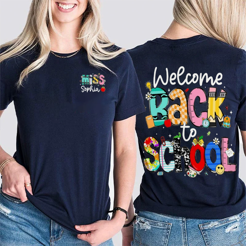 Personalized Name Welocme Back To School Colorful Letters Double Printed T-shirt