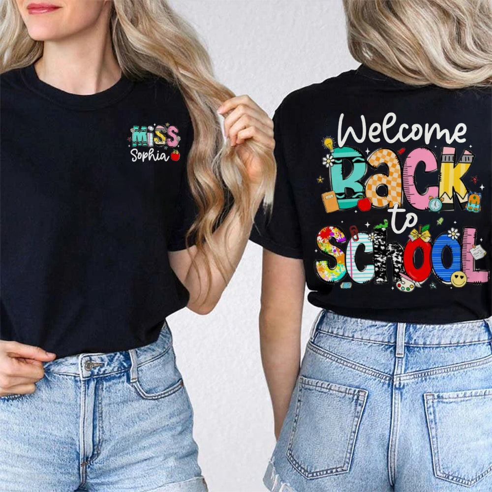 Personalized Name Welocme Back To School Colorful Letters Double Printed T-shirt