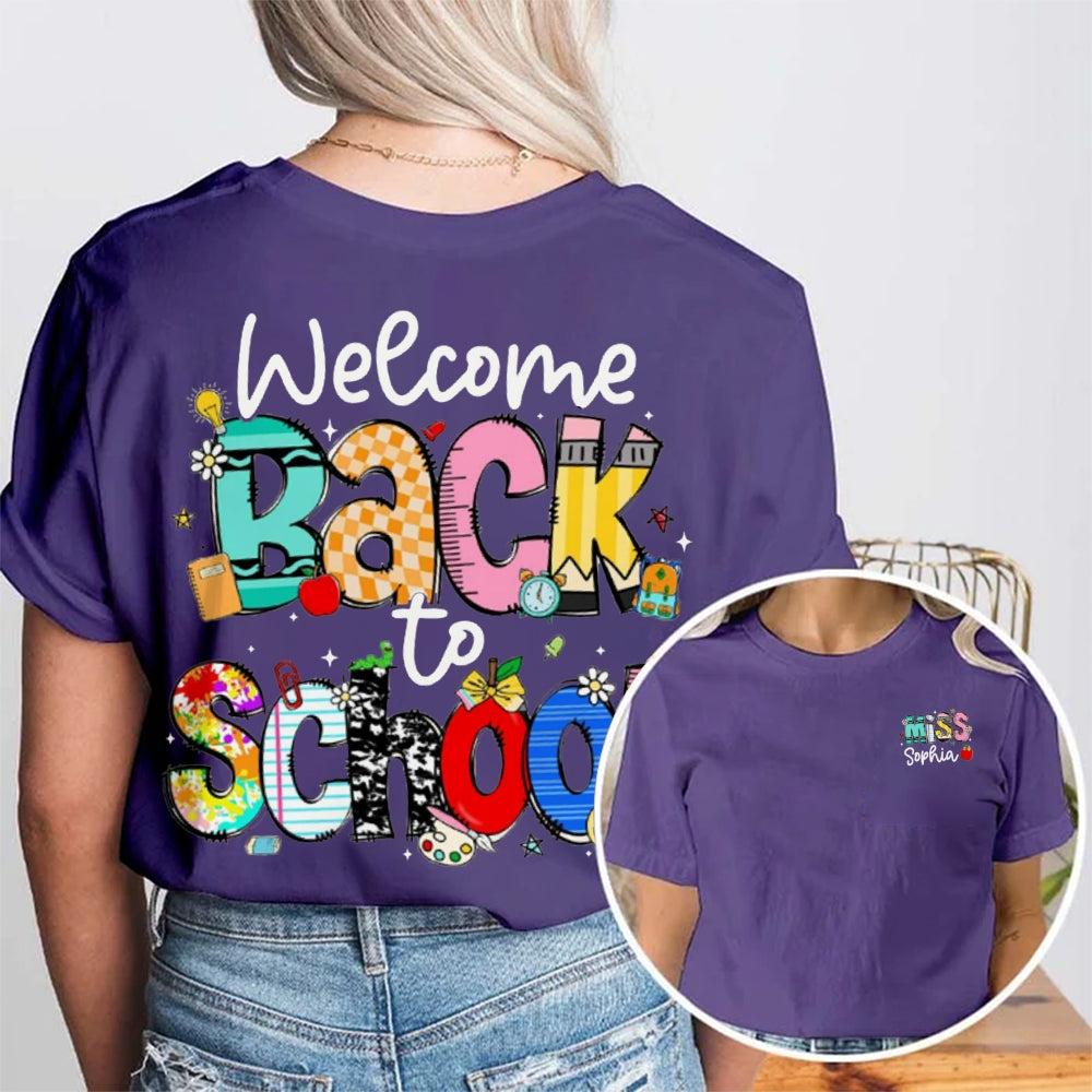 Personalized Name Welocme Back To School Colorful Letters Double Printed T-shirt