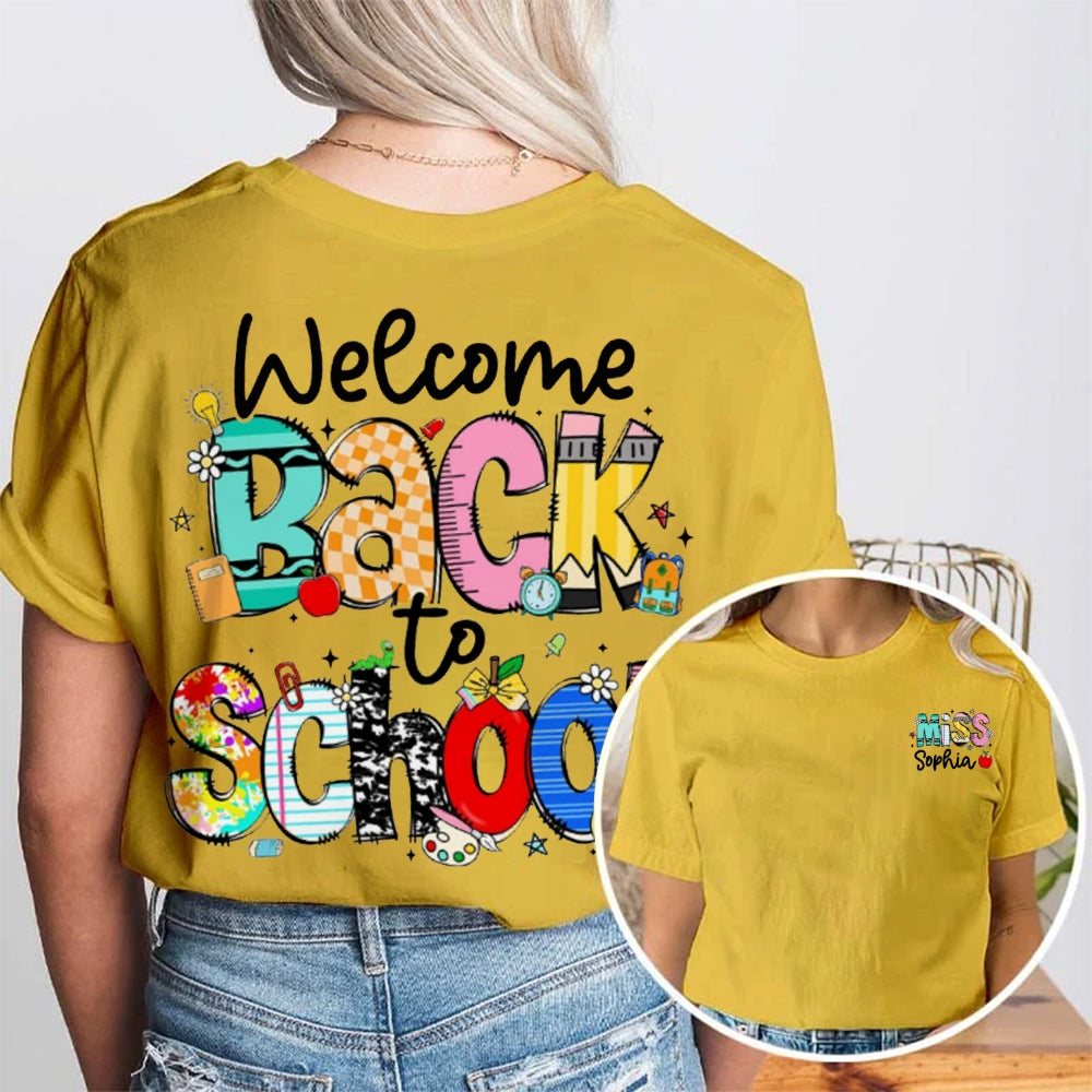 Personalized Name Welocme Back To School Colorful Letters Double Printed T-shirt
