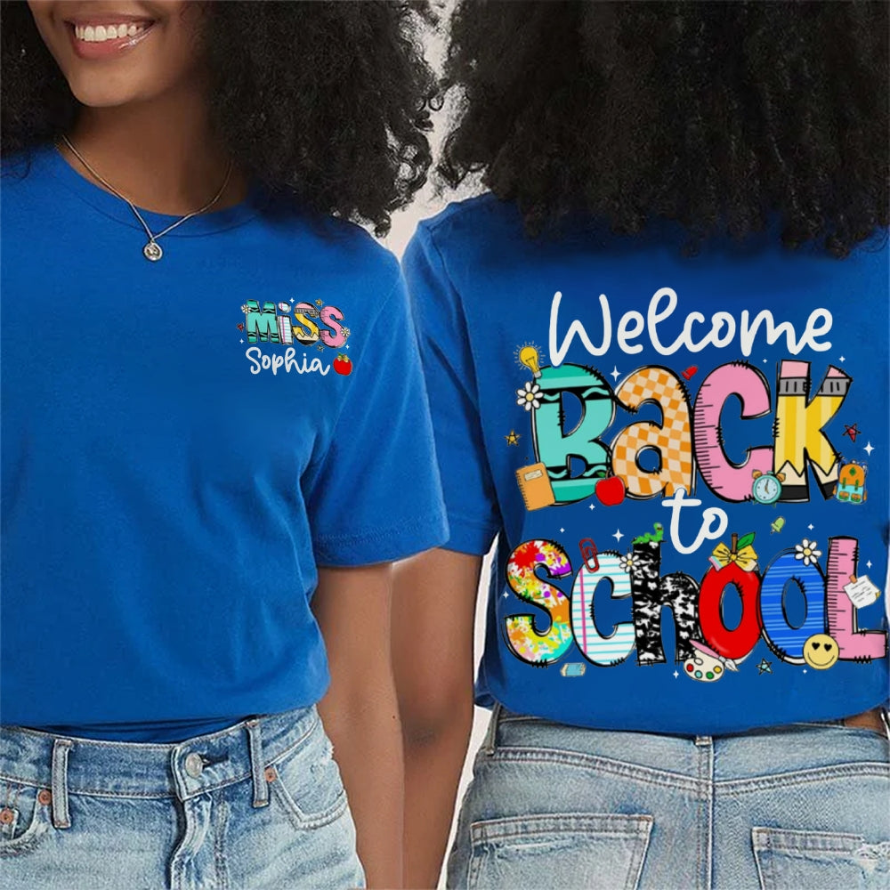 Personalized Name Welocme Back To School Colorful Letters Double Printed T-shirt