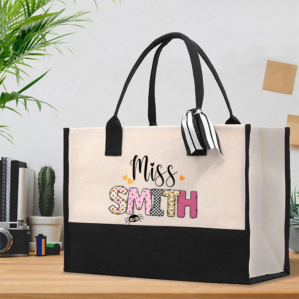 Personalized Name Pink Cute Spider Print Cotton Tote Bag