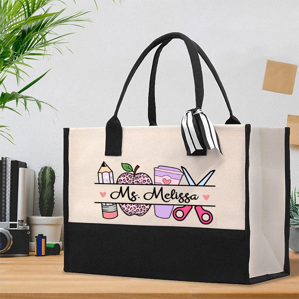 Personalized Name Purple Apple And Pencil Cotton Tote Bag