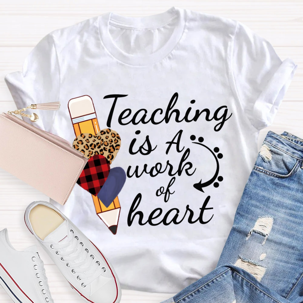 Teaching Is A Work Of Heart Leopard Print Heart Pencil T-shirt