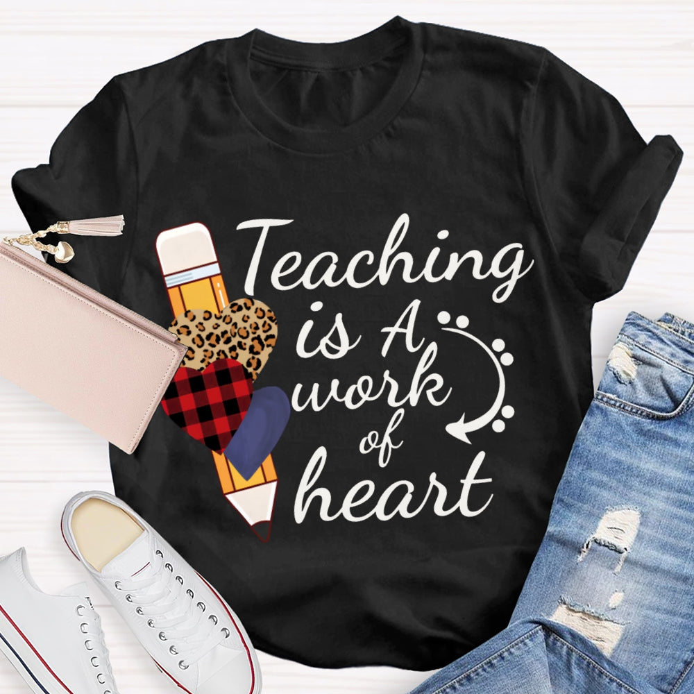 Teaching Is A Work Of Heart Leopard Print Heart Pencil T-shirt