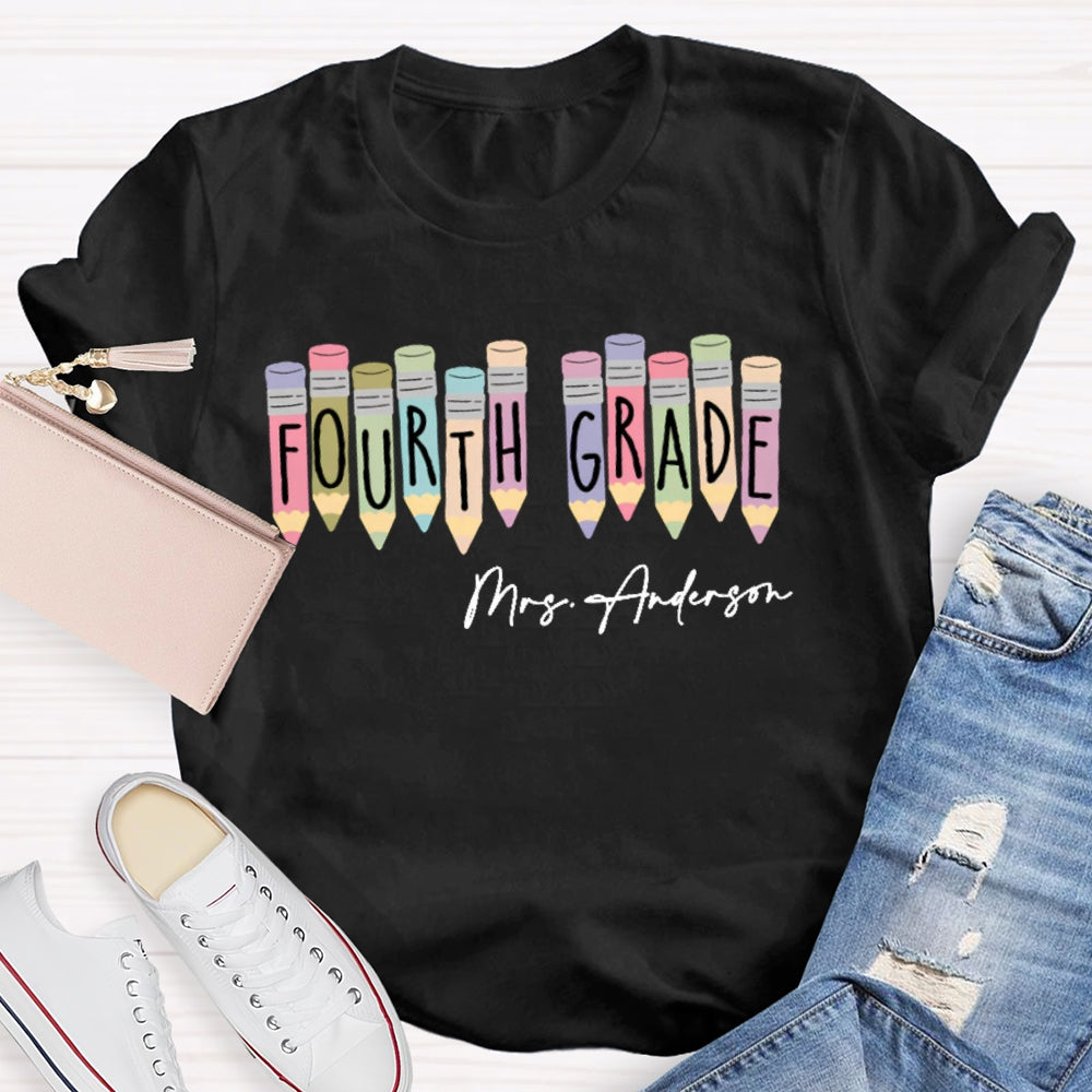 Personalized Name  And Grade Fourth Grade Colored Crayons T-shirt