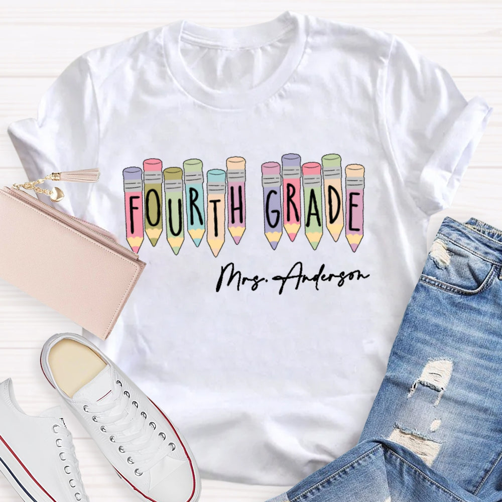 Personalized Name  And Grade Fourth Grade Colored Crayons T-shirt