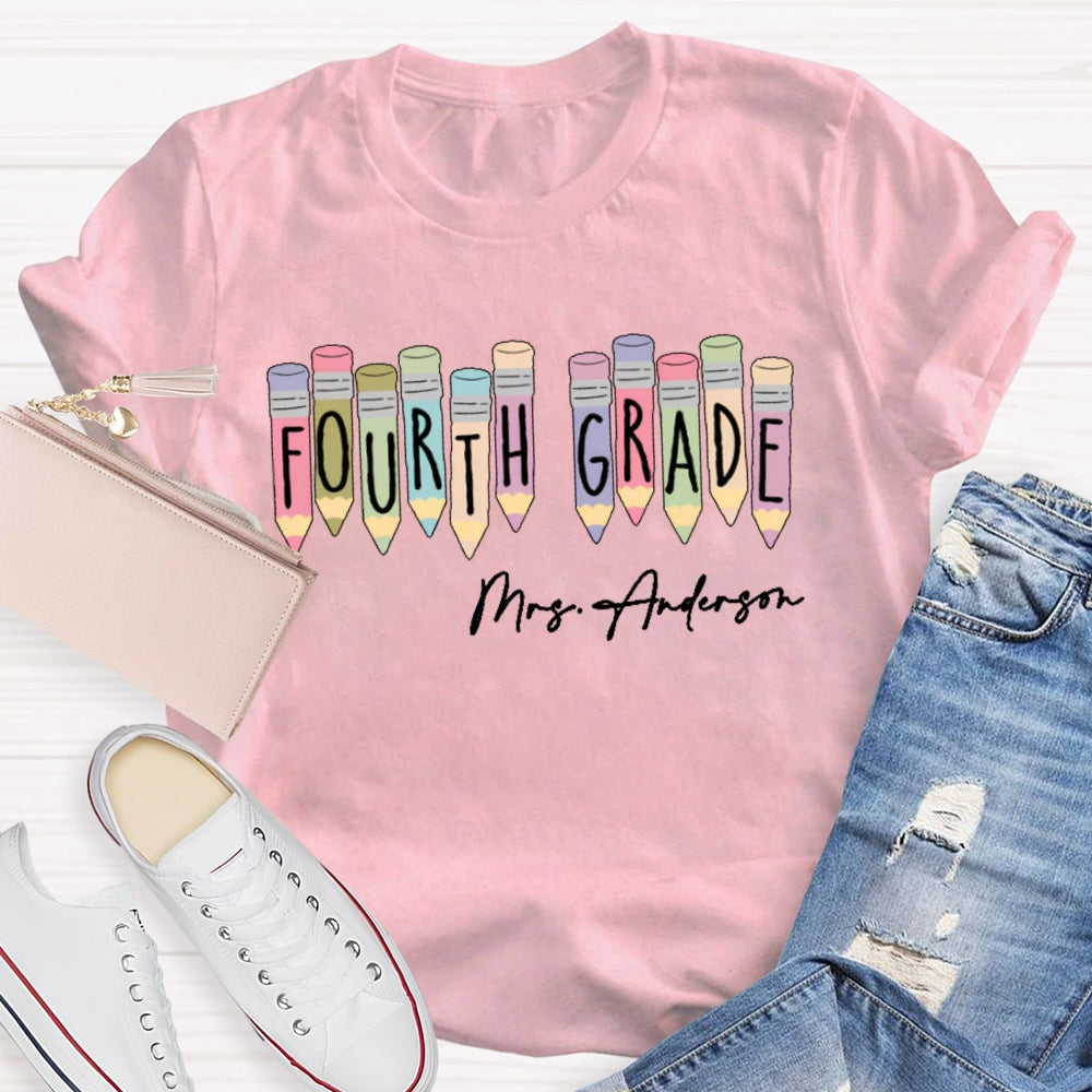 Personalized Name  And Grade Fourth Grade Colored Crayons T-shirt