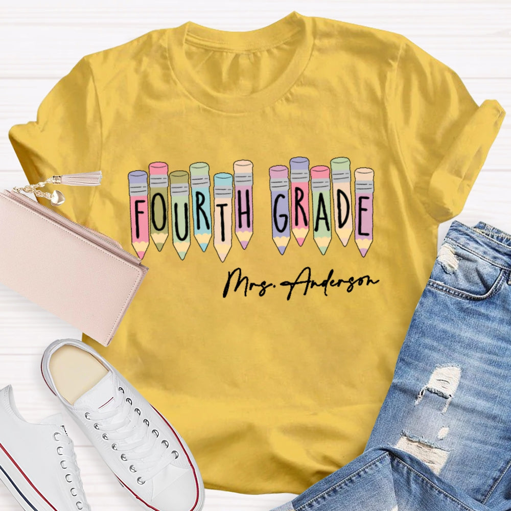 Personalized Name  And Grade Fourth Grade Colored Crayons T-shirt