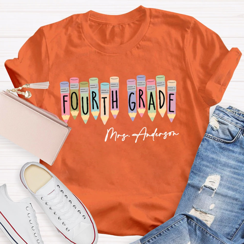 Personalized Name  And Grade Fourth Grade Colored Crayons T-shirt