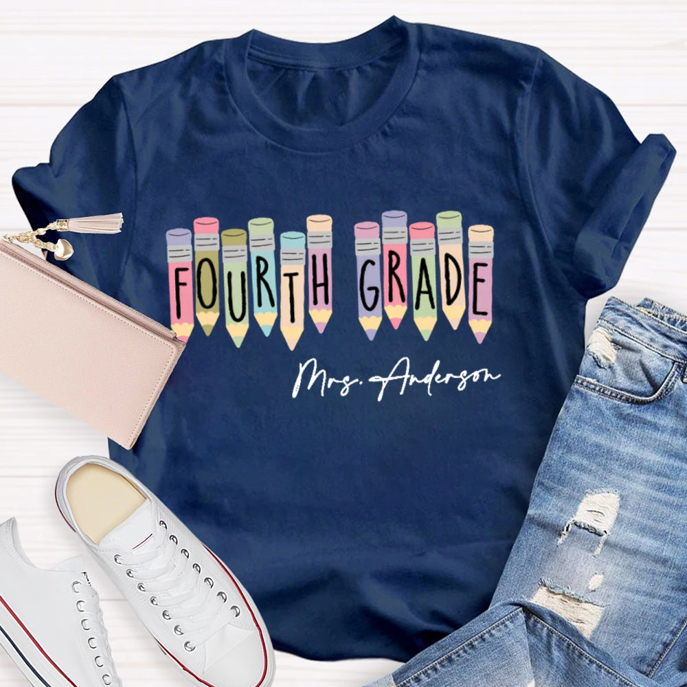 Personalized Name  And Grade Fourth Grade Colored Crayons T-shirt